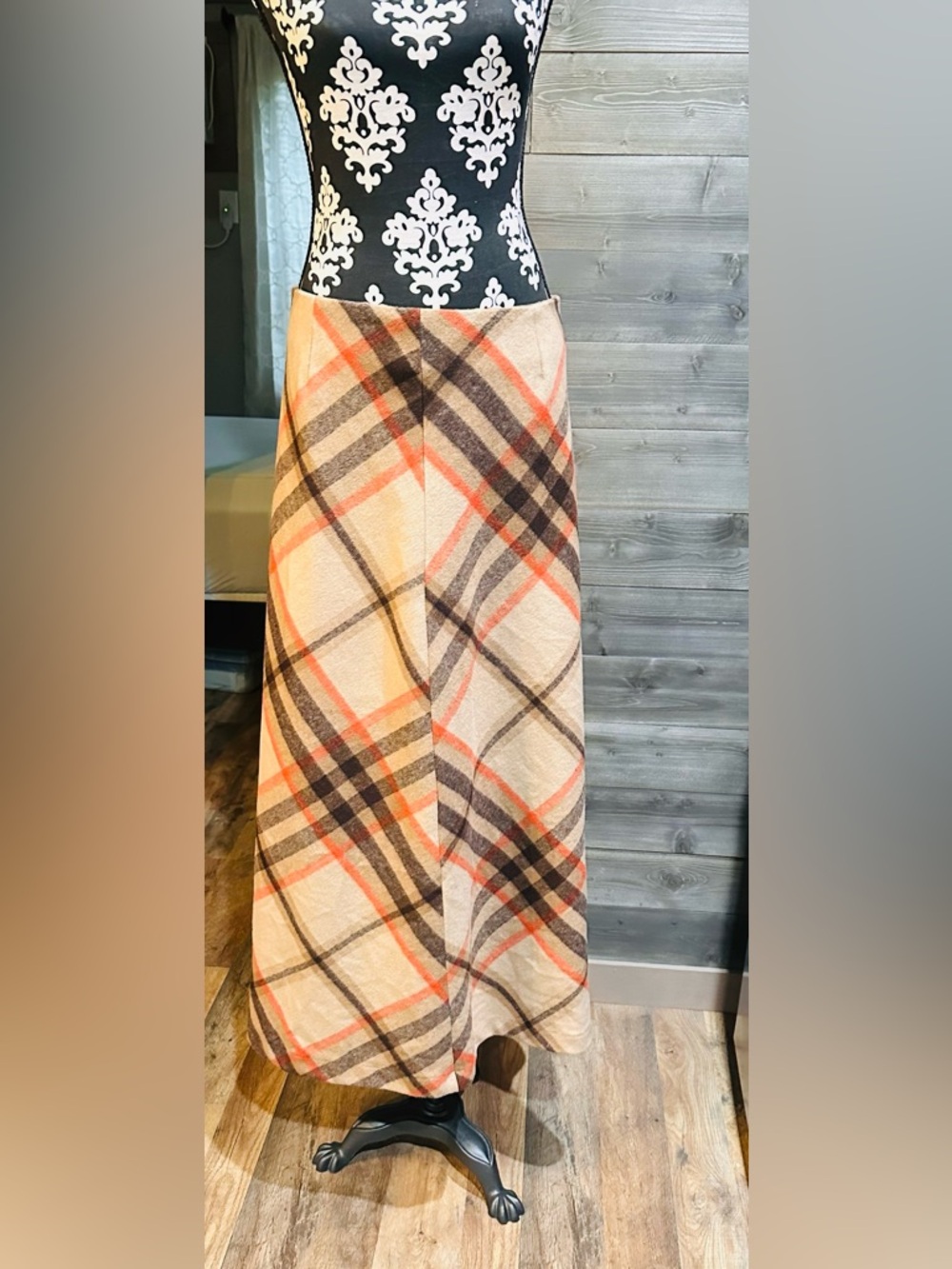 Vintage Chadwicks of Boston Cream Plaid Maxi Skirt with Orange/Brown size 8 T